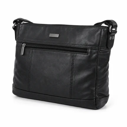Minimalist sheepskin shoulder bag OEM SKU 641B with black rectangular body, front zipper pocket, and seam divisions