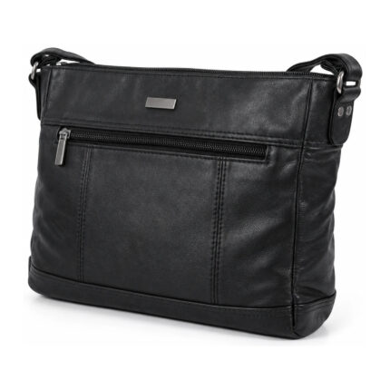 Black shoulder bag with broad top band, horizontal front zip and vertical panels — Sheepskin leather, SKU 641B