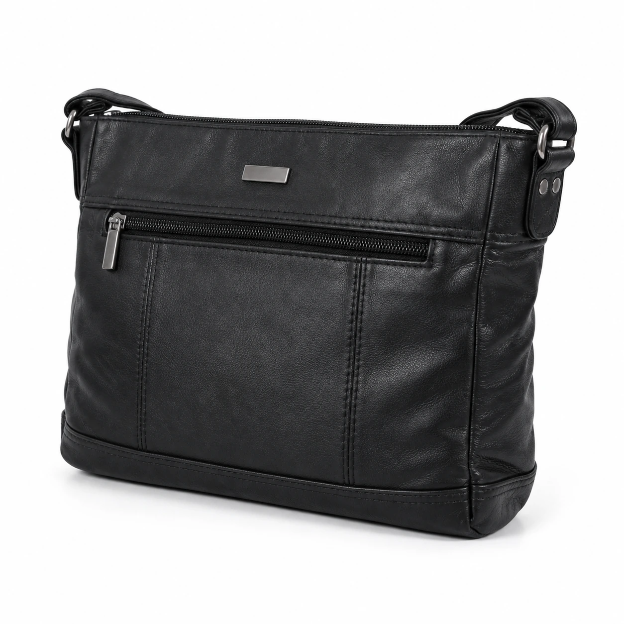 641b-shoulder-bags-sheepskin-29x25x9.5-main Minimalist sheepskin shoulder bag OEM SKU 641B with black rectangular body, front zipper pocket, and seam divisions