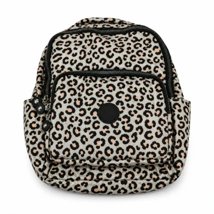 Animal-print polyester backpack OEM SKU 6442 with rounded body, front zipper pocket, circular patch area, and top handle