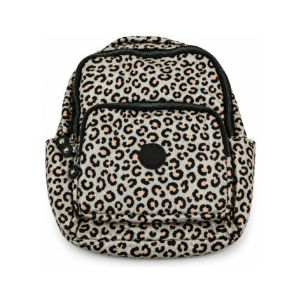 Leopard-print backpack with black zip trim, round pull details and a circular front patch — Polyester fabric, SKU 6442