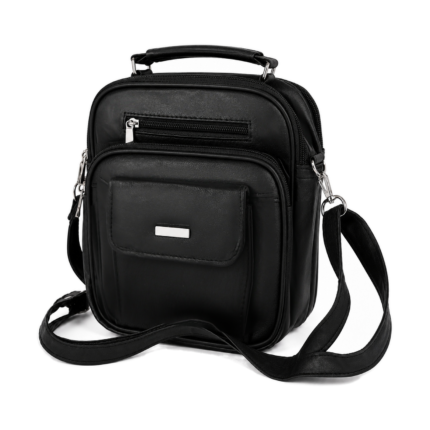 Black crossbody bag with top handle and small front flap — Sheepskin leather, SKU 6541