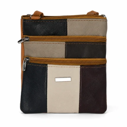 Cowhide multi-zip crossbody pouch OEM SKU 6673 with small square body, front zipper sections, panel seams, and flat side depth