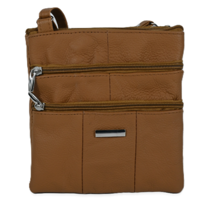 Brown version of the pouch with stacked front zips and vertical lower seams — Cowhide leather, SKU 6673