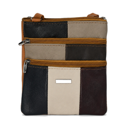 Multicolour panelled pouch with two stacked front zips and a cream centre panel — Cowhide leather, SKU 6673