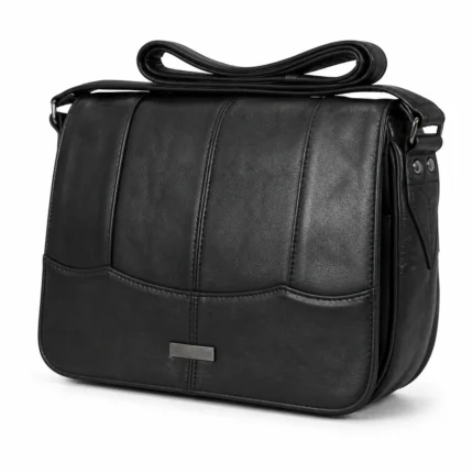 Curved-panel sheepskin shoulder bag OEM SKU 6691 with black rounded body, vertical seams, lower curved panel, and strap