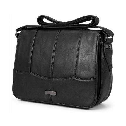 Black shoulder bag with vertically panelled flap and scalloped seam — Sheepskin leather, SKU 6691