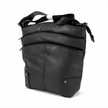 Vertical PU shoulder bag OEM SKU 6785 with curved front panels, central seam, lower patch panels, rivet details, and shoulder strap
