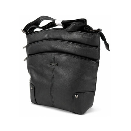 Tall black shoulder bag with curved front bands and studded lower corner patches — PU leather, SKU 6785