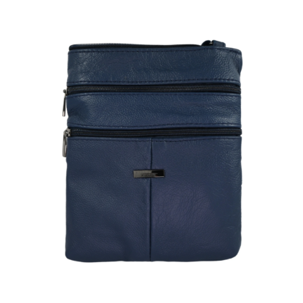 Navy pouch front with two horizontal zips and small plaque — Sheepskin leather, SKU 6891
