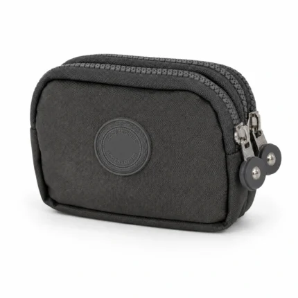 SKU 7052 black polyester multi-zip coin pouch with round fabric zipper pulls