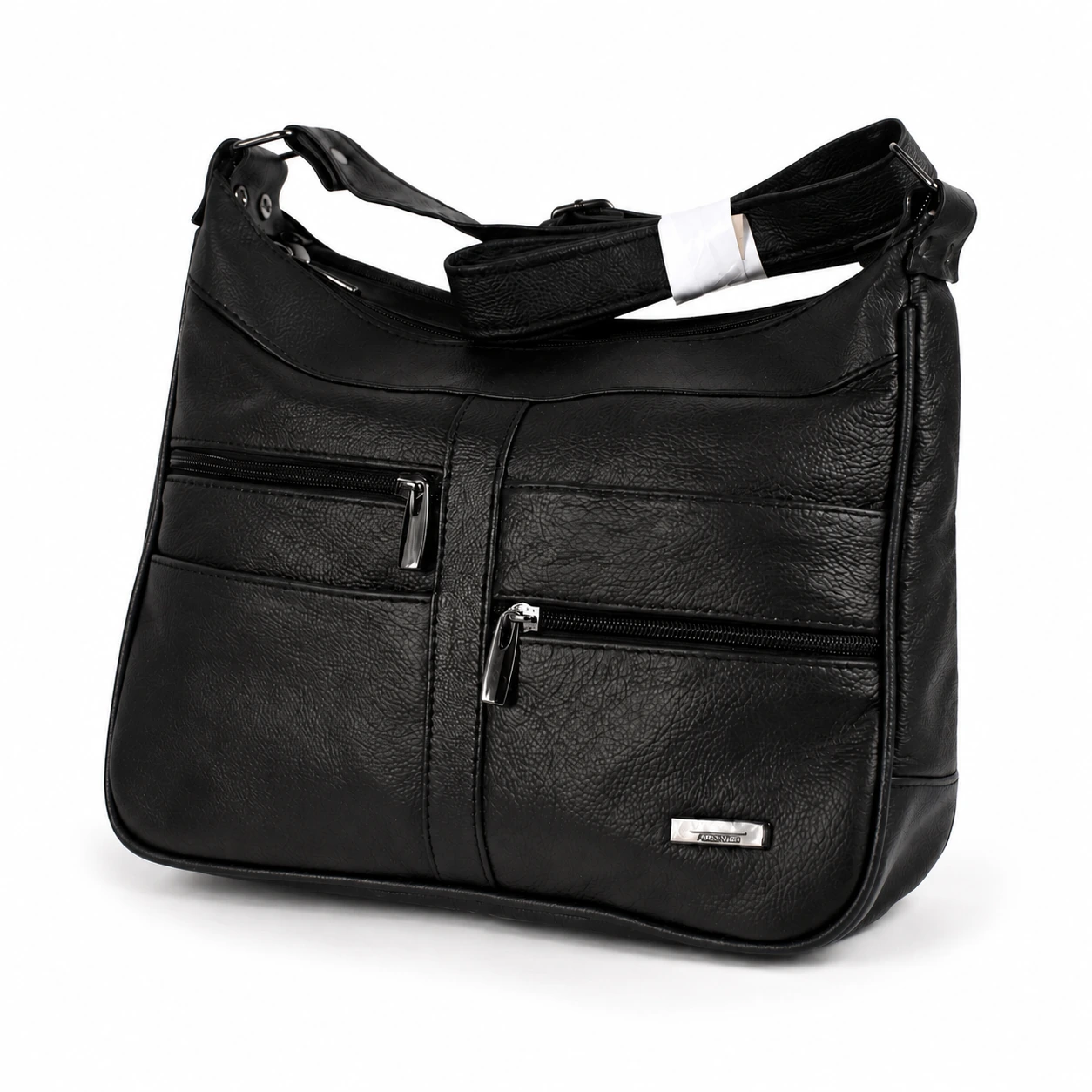 706fb-shoulder-bags-cowhide-28x23x9.2-main Asymmetric-zip cowhide shoulder bag OEM SKU 706FB with black leather body, front zipper pockets, curved top line, and strap