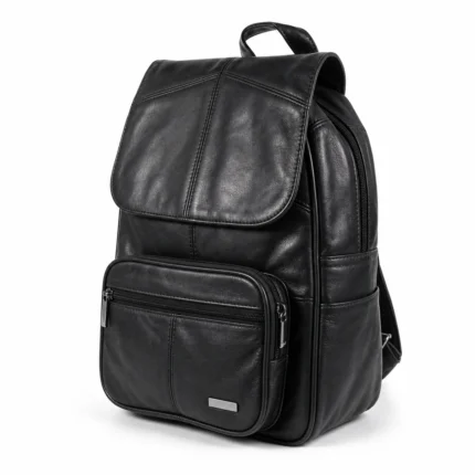 Sheepskin leather commuter backpack OEM SKU 70FB with soft body, front zipper pocket, and shoulder straps