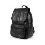 Black backpack with broad flap, raised zip front and side pocket — Sheepskin leather, SKU 70FB