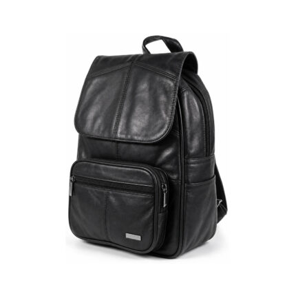Black backpack with broad flap, raised zip front and side pocket — Sheepskin leather, SKU 70FB
