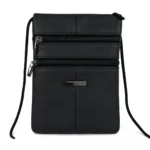 Cowhide leather mini crossbody OEM SKU 7300 with slim pouch body, two front zipper sections, and long strap