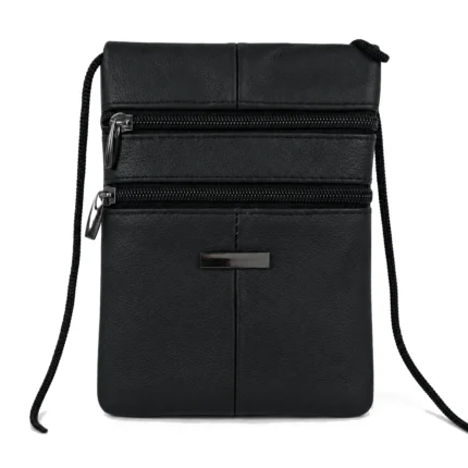 Cowhide leather mini crossbody OEM SKU 7300 with slim pouch body, two front zipper sections, and long strap