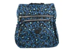 Back view of blue animal-print polyester backpack SKU 7442 showing black shoulder straps, top handle, and rear panel