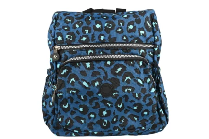 Front of the blue patterned backpack with straight upper zip and rounded lower section — Polyester fabric, SKU 7442