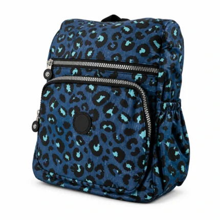 Blue animal-print polyester backpack OEM SKU 7442 with front zipper layout, circular patch area, side pockets, and top handle