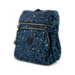 Blue leopard-print backpack with rounded front section and gathered side pocket — Polyester fabric, SKU 7442