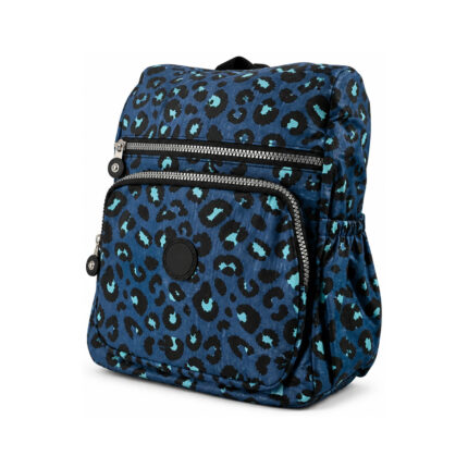 Blue leopard-print backpack with rounded front section and gathered side pocket — Polyester fabric, SKU 7442