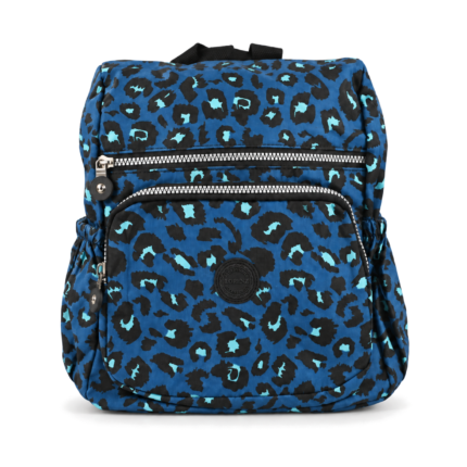 Front of the blue patterned backpack with straight upper zip and rounded lower section — Polyester fabric, SKU 7442