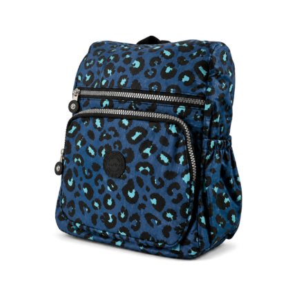 Blue leopard-print backpack with rounded front section and gathered side pocket — Polyester fabric, SKU 7442