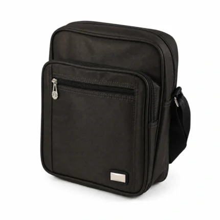 Polyester fabric shoulder bag OEM SKU 7652 with dark vertical body, front zipper pocket panel, rounded piping, and webbing strap