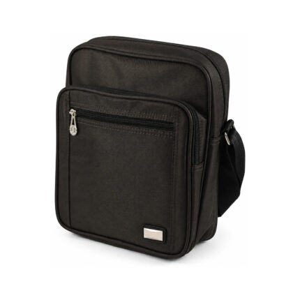 Tall black fabric shoulder bag with raised zip-front section — Polyester fabric, SKU 7652