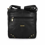 Sheepskin leather crossbody bag OEM SKU 7891 with slim square body, front zipper pocket, corner studs, and rear zipper pocket