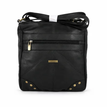 Sheepskin leather crossbody bag OEM SKU 7891 with slim square body, front zipper pocket, corner studs, and rear zipper pocket
