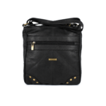 Black crossbody bag front with horizontal zips and lower corner rivets — Sheepskin leather, SKU 7891