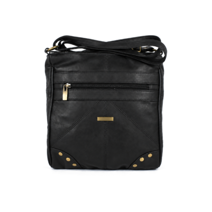 Black crossbody bag front with horizontal zips and lower corner rivets — Sheepskin leather, SKU 7891