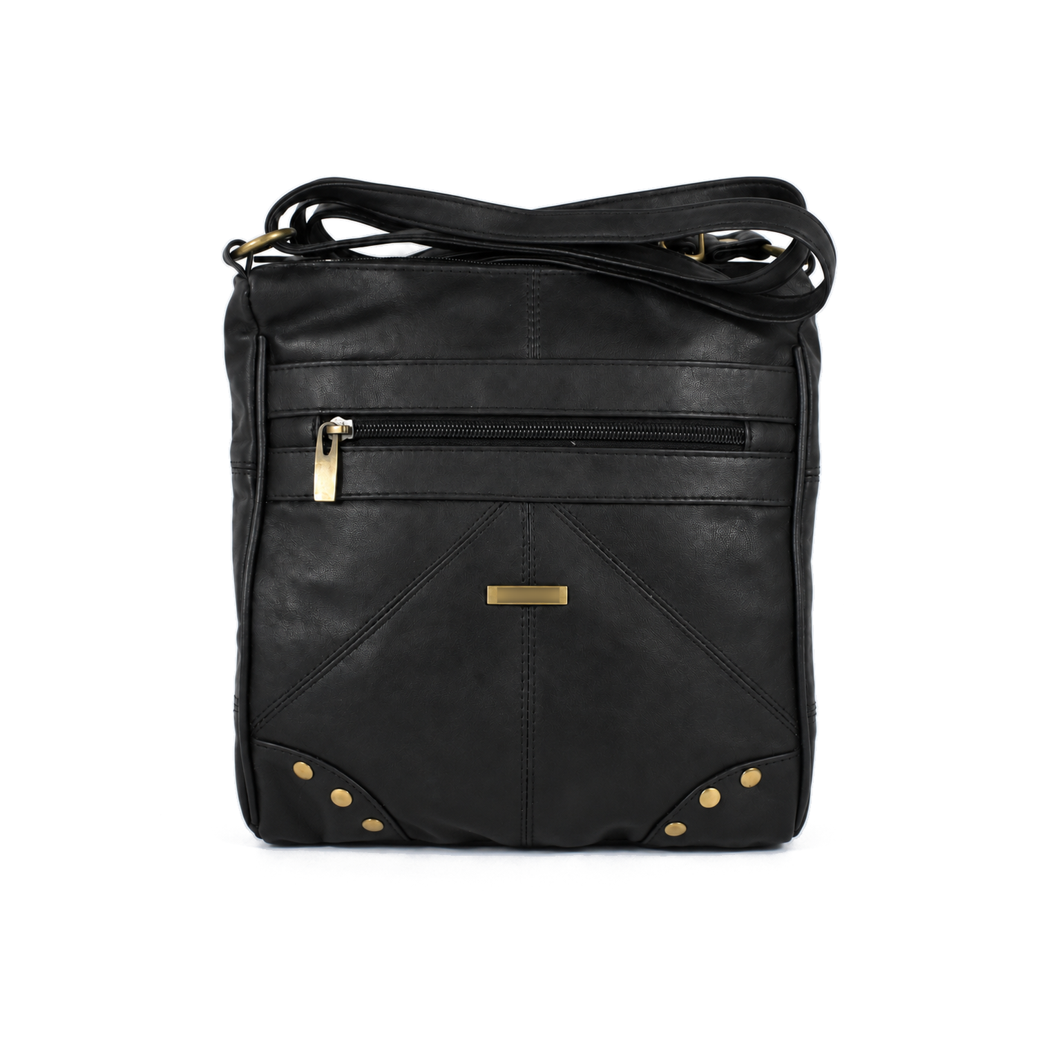 7891-main Black crossbody bag front with horizontal zips and lower corner rivets — Sheepskin leather, SKU 7891