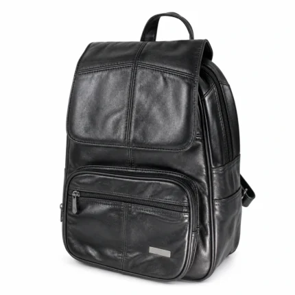 Sheepskin leather travel backpack OEM SKU 7910 with tall body, front zipper pocket, top handle, and shoulder straps