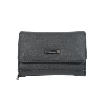 Cowhide Flap Wallet OEM SKU 8073 with fold-over flap, lower front zipper compartment, and side zip depth