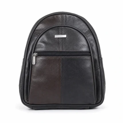 Cowhide leather dome backpack OEM SKU 8473 with arched front panel, slim side depth, and front zipper pocket