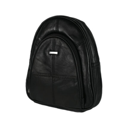Black backpack with tall arched front zip section and central plaque — Sheepskin leather, SKU 8491