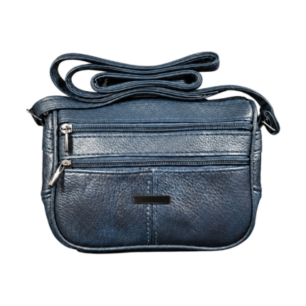 Blue shoulder bag front with banded zips and small plate — Cowhide leather, SKU 8573