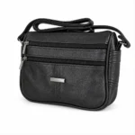 Mini cowhide leather shoulder bag OEM SKU 8573 with compact black body, double front zipper pockets, and shoulder strap