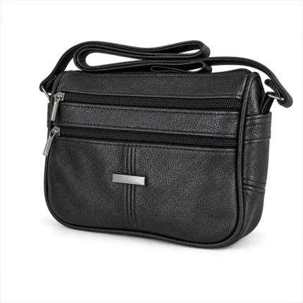 Mini cowhide leather shoulder bag OEM SKU 8573 with compact black body, double front zipper pockets, and shoulder strap