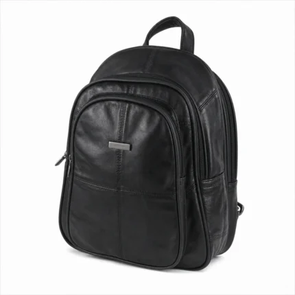 Cowhide leather multi-zip backpack OEM SKU 8591 with structured body, front pocket zones, and shoulder straps