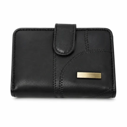 SKU 8664 black PU bifold wallet with snap tab and interior divider