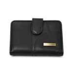 Black tab wallet with curved panel stitching and gold-tone plaque — Patchwork sheepskin leather, SKU 8664