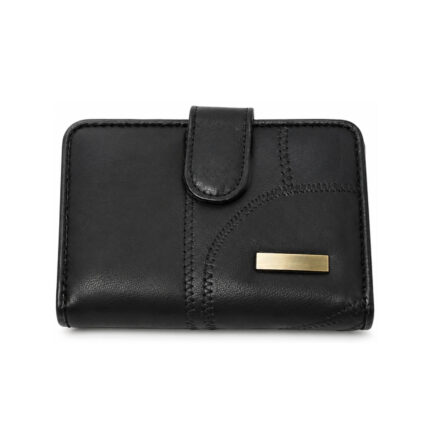 Black tab wallet with curved panel stitching and gold-tone plaque — Patchwork sheepskin leather, SKU 8664