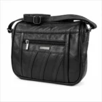 Pleated-panel sheepskin shoulder bag OEM SKU 8691 with black leather body, front zipper pocket, and curved stitched strips