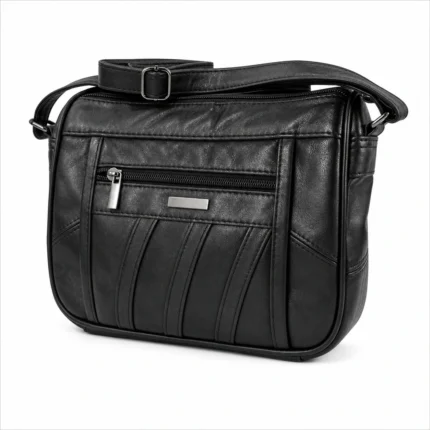 Pleated-panel sheepskin shoulder bag OEM SKU 8691 with black leather body, front zipper pocket, and curved stitched strips