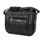 Black shoulder bag with slanted front strips and buckled strap — Sheepskin leather, SKU 8691