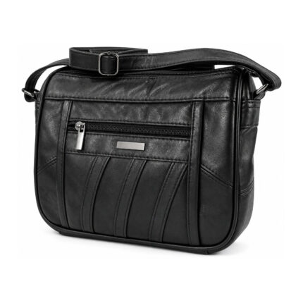 Black shoulder bag with slanted front strips and buckled strap — Sheepskin leather, SKU 8691
